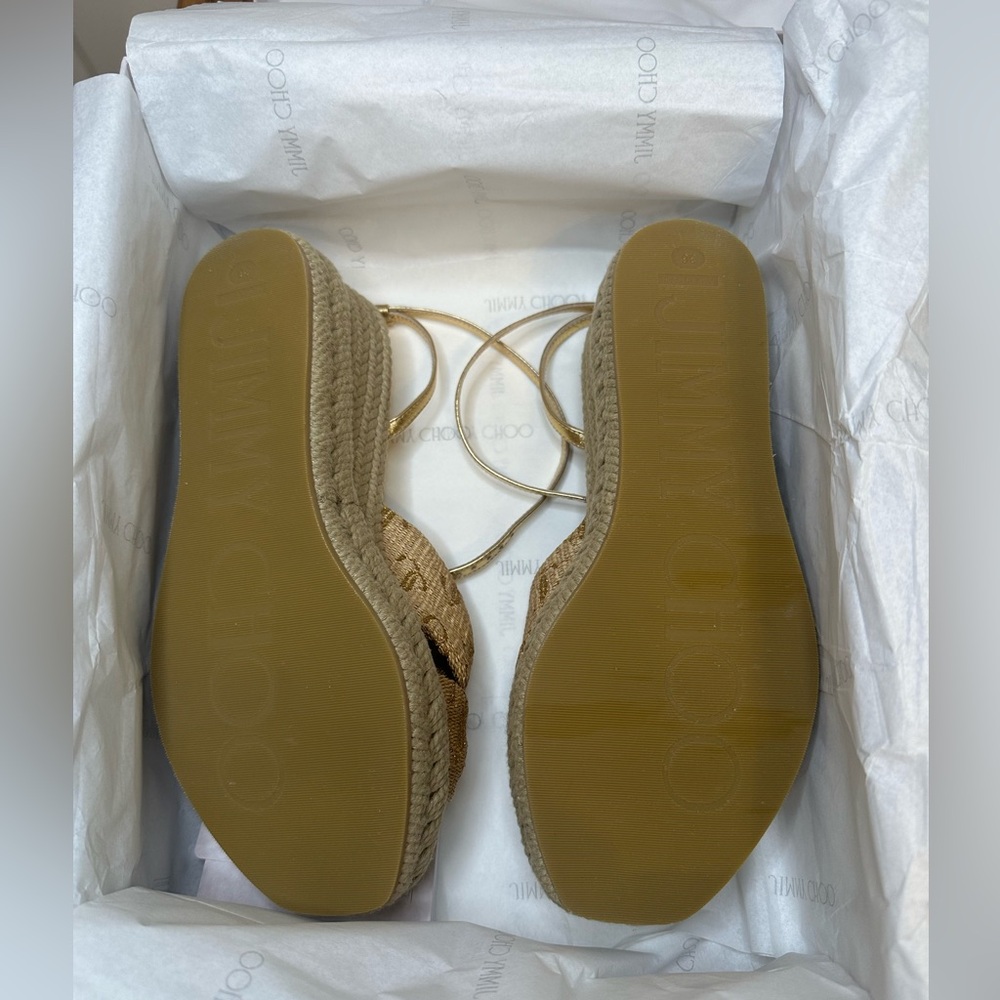 Jimmy Choo Gold Raffia Wedge Sandals - Picture 9 of 12